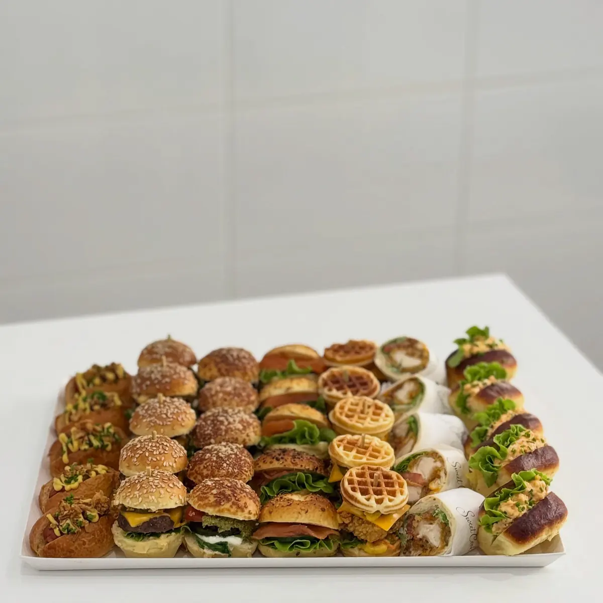 Box gourmande : mini burgers, waffle burgers, wraps et hot-dogs sur un plateau blanc
