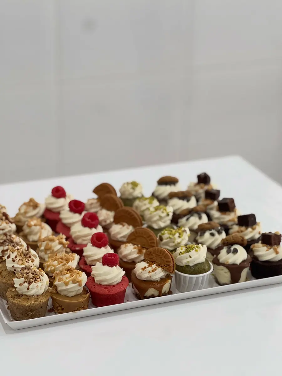 Plateau de mini desserts : red velvet framboise, fondants pistache, cheese-cakes cookies